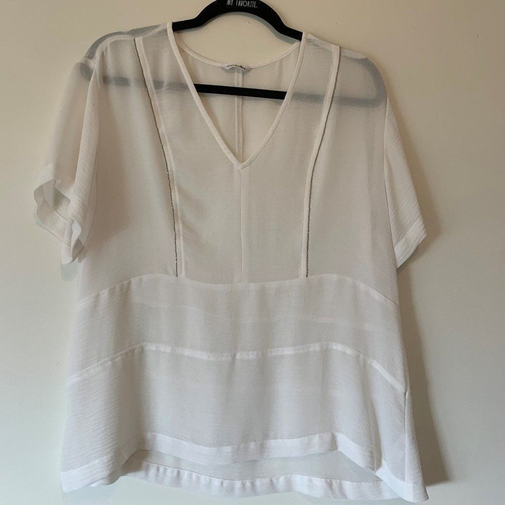 Calvin Klein loose fit tunic style sheer top, ivory, bead detail, EUC, 100% poly